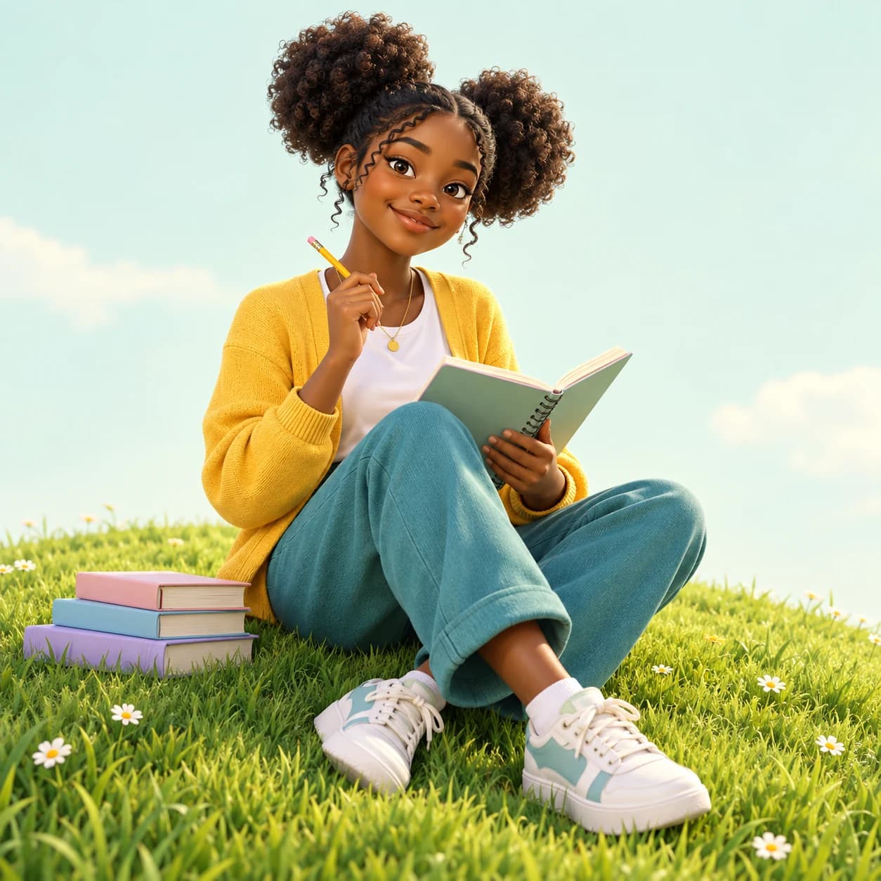 A dark-skinned teenage student with natural hair happily studying with a notebook on a grassy hill.